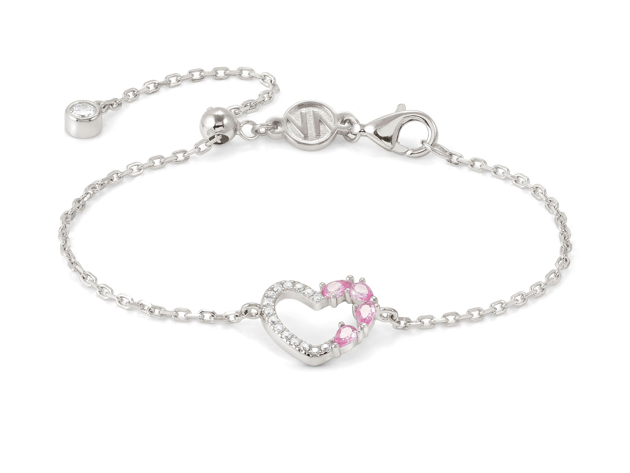 Sterling Silber Armband von Nomination mit Zirkonia und Herzmotiv, in Weiß und Rosa, für Handgelenke bis 18 cm geeignet, modernes Design und eleganter Look.