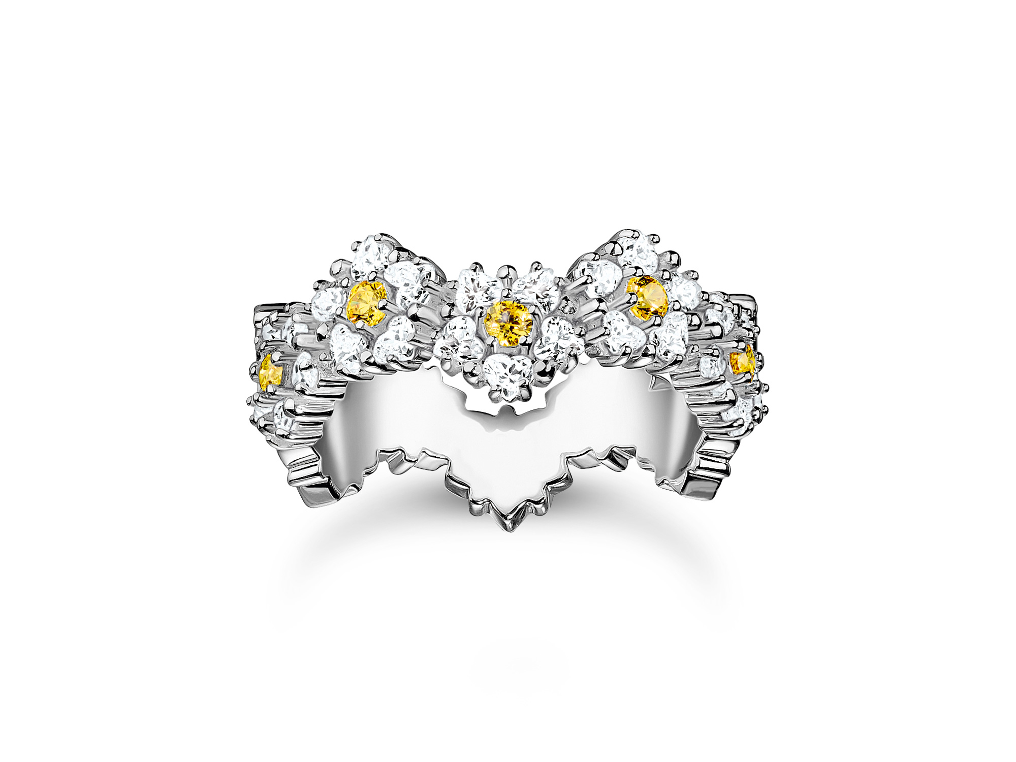 Thomas Sabo Ring TR2337-051-4-48 Blumentraum Gelb mit funkelnden gelben und klaren Steinen in Blumenform auf einem silbernen Band, Größe 48, aus der Kollektion Blooming Skies, Neuheiten.