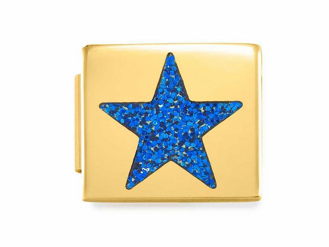 Edelstahl Charm von Nomination in Gelbgold mit blau glitzerndem Sternmotiv aus Emaille. Der Charm zeigt eine auffällige, funkelnde blaue Sternform auf goldfarbenem Untergrund.