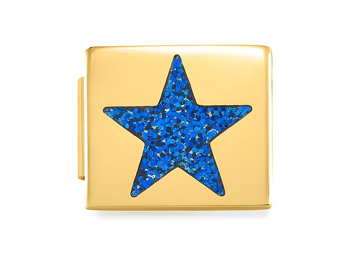 Edelstahl Charm von Nomination in Gelbgold mit blau glitzerndem Sternmotiv aus Emaille. Der Charm zeigt eine auffällige, funkelnde blaue Sternform auf goldfarbenem Untergrund.