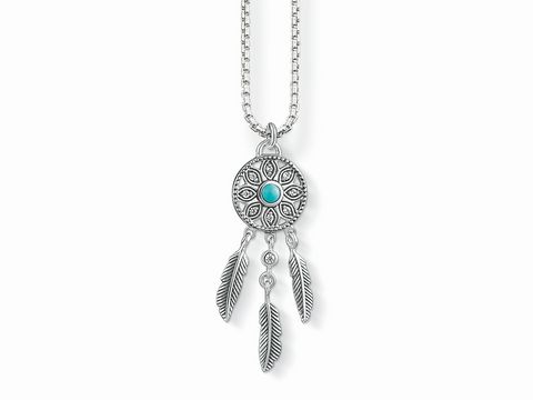 Kette von Thomas Sabo aus Silber mit Anhänger in Form eines Traumfängers, verziert mit einer türkisen Stein und drei herabhängenden Federn, Länge ca. 38/40/42 cm.