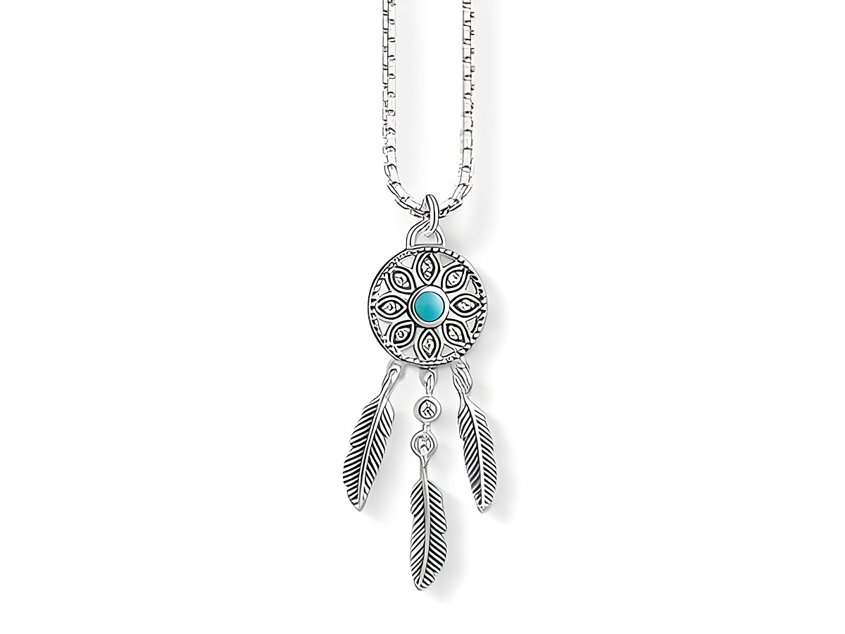 Kette von Thomas Sabo aus Silber mit Anhänger in Form eines Traumfängers, verziert mit einer türkisen Stein und drei herabhängenden Federn, Länge ca. 38/40/42 cm.