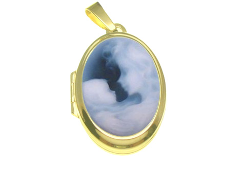 Medaillon aus Gold 333 mit einer Achat Gemme, die eine Mutter mit Kind darstellt. Hersteller ist Juwelier Harnisch, die Gemme zeigt sanfte, harmonische Farben.