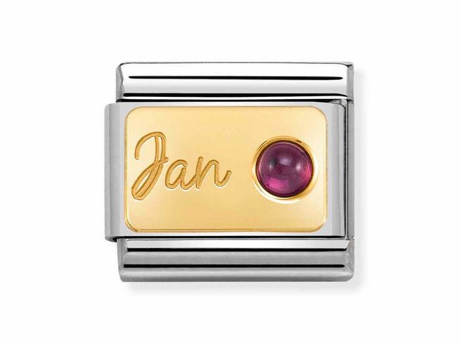 Edelstahl und Gold 585 Charm von Nomination, mit dem Monatsstein Granat für Januar, geprägt mit dem Namen Jan und einem runden, roten Granat.