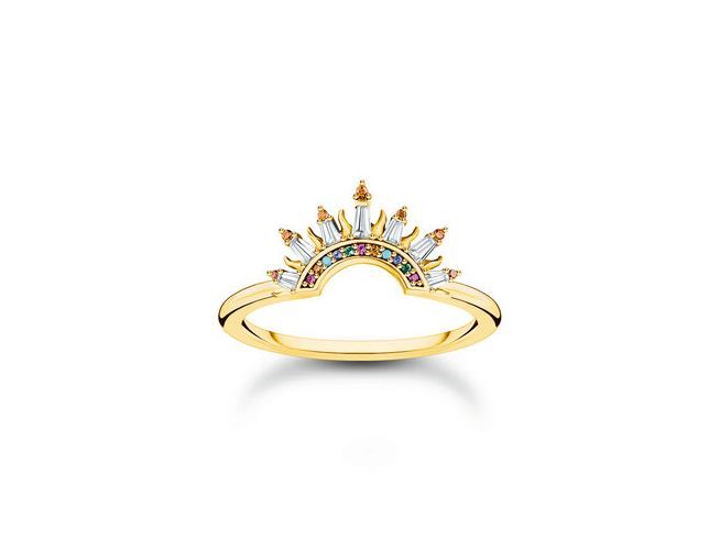 Ring von Thomas Sabo in Silber mit Vergoldung, Größe 56, Design inspiriert von Sonnenstrahlen, mit bunten Zirkonia verziert und elegantem, zeitloser Ausstrahlung.