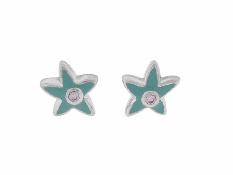 Silber Ohrstecker in Seestern-Form mit rhodinierten Zirkonia und türkisem Lack, maritimes Design, ideal für Kinder, Hersteller Juwelier Harnisch.