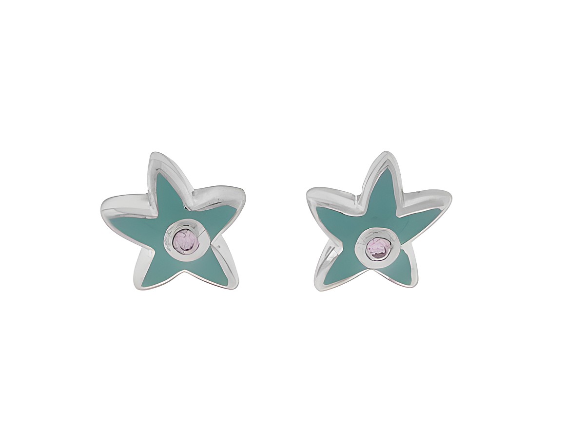 Silber Ohrstecker in Seestern-Form mit rhodinierten Zirkonia und türkisem Lack, maritimes Design, ideal für Kinder, Hersteller Juwelier Harnisch.