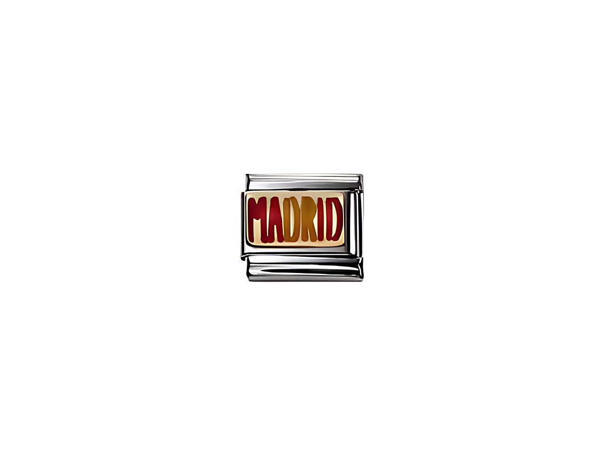 Emailliertes Armbandglied von Nomination mit der Inschrift Madrid in leuchtenden Farben, das das Design der Städte und Länder repräsentiert.