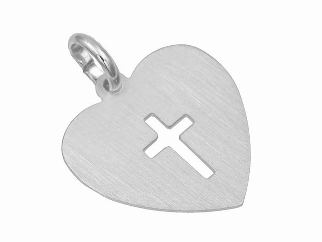 Anhänger Herz mit Kreuz aus Sterling Silber, mattiert und rhodiniert, hergestellt von Juwelier Harnisch, schlichtes Design, ideal als persönliches Schmuckstück oder Geschenk.