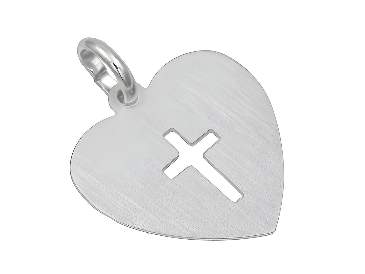 Anhänger Herz mit Kreuz aus Sterling Silber, mattiert und rhodiniert, hergestellt von Juwelier Harnisch, schlichtes Design, ideal als persönliches Schmuckstück oder Geschenk.