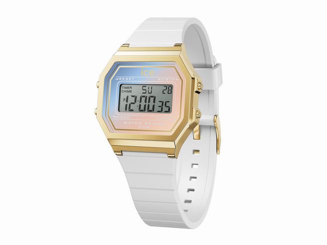 Ice Watch Uhr 022718 ICE digit retro sunset White Majestic Small mit digitalem Display, goldenem Gehäuse und weißem Silikonarmband, modern und stilvoll für jeden Anlass.