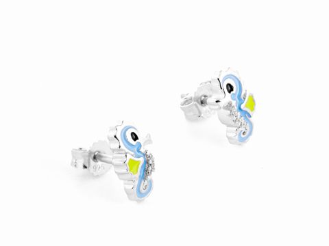 Seepferdchen Ohrstecker in buntem Lack, silbernem rhodiniertem Metall, ideal für Kinder. Diese tierisch schönen Ohrringe sind ein farbenfrohes Accessoire.
