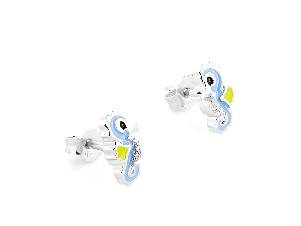 Seepferdchen Ohrstecker in buntem Lack, silbernem rhodiniertem Metall, ideal für Kinder. Diese tierisch schönen Ohrringe sind ein farbenfrohes Accessoire.