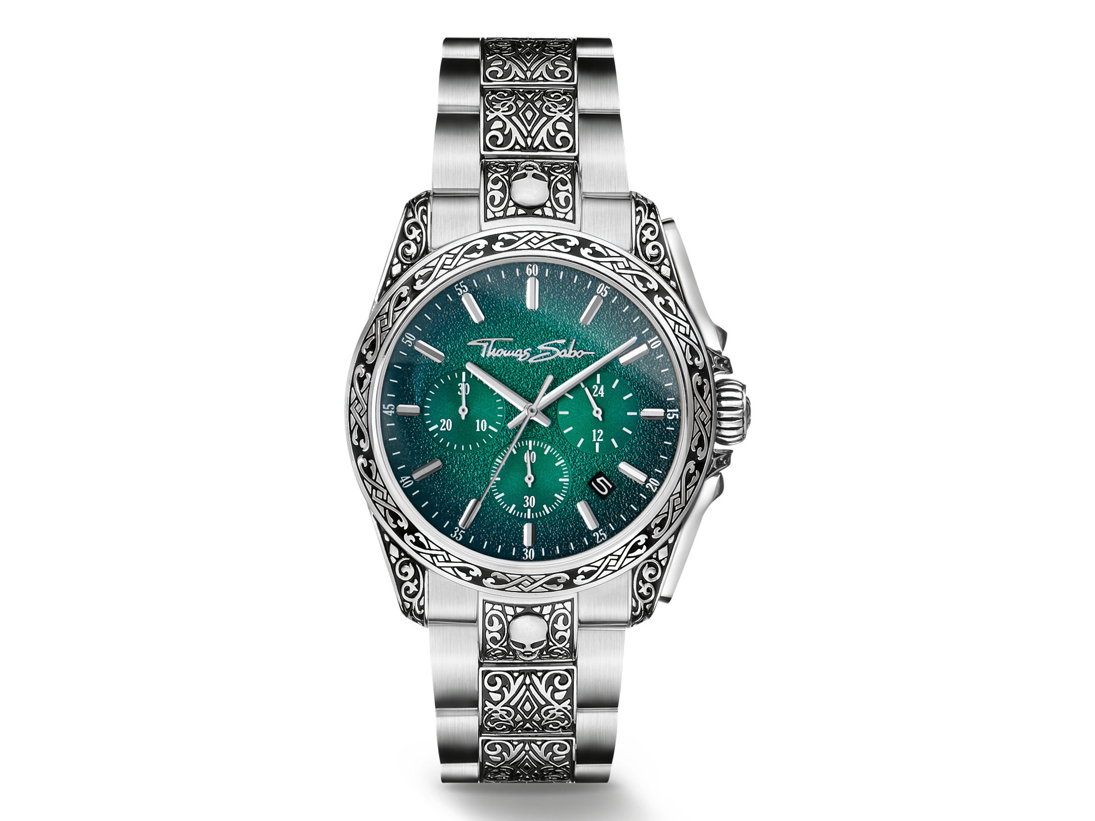 Thomas Sabo Uhr WA0445-201-211-41 mm mit grünem Ziffernblatt und Totenkopf-Motiv, elegantes Armband aus Edelstahl, stilvolles Design für modebewusste Träger.