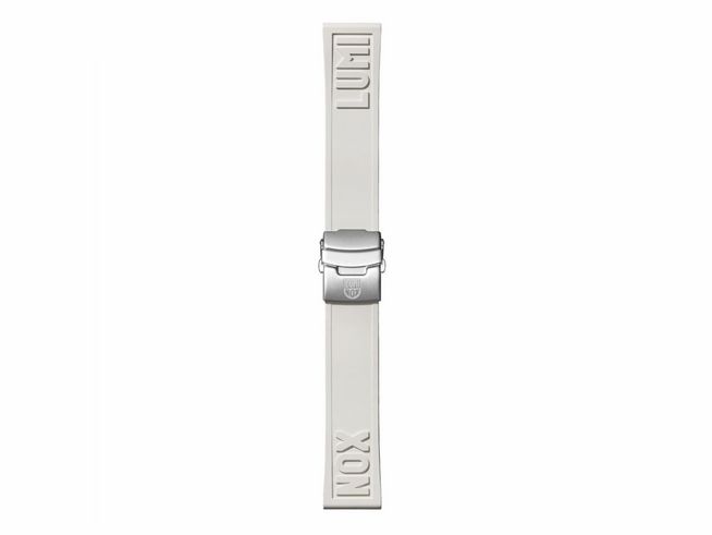 Kautschukarmband von Luminox in Weiß, 24 mm breite, ausgestattet mit einer silbernen Schließe, geeignet als Ersatz für Luminox Uhren.