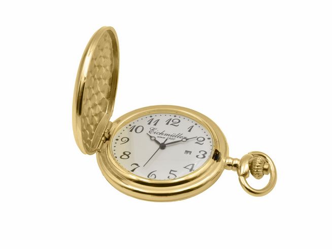 Eichmüller Taschenuhr Datum aus Edelstahl mit vergoldetem Gelbgold und poliertem Finish, Mineralglas, Durchmesser 6,5 cm, geöffnet mit Ziffernblatt und Zeigern.