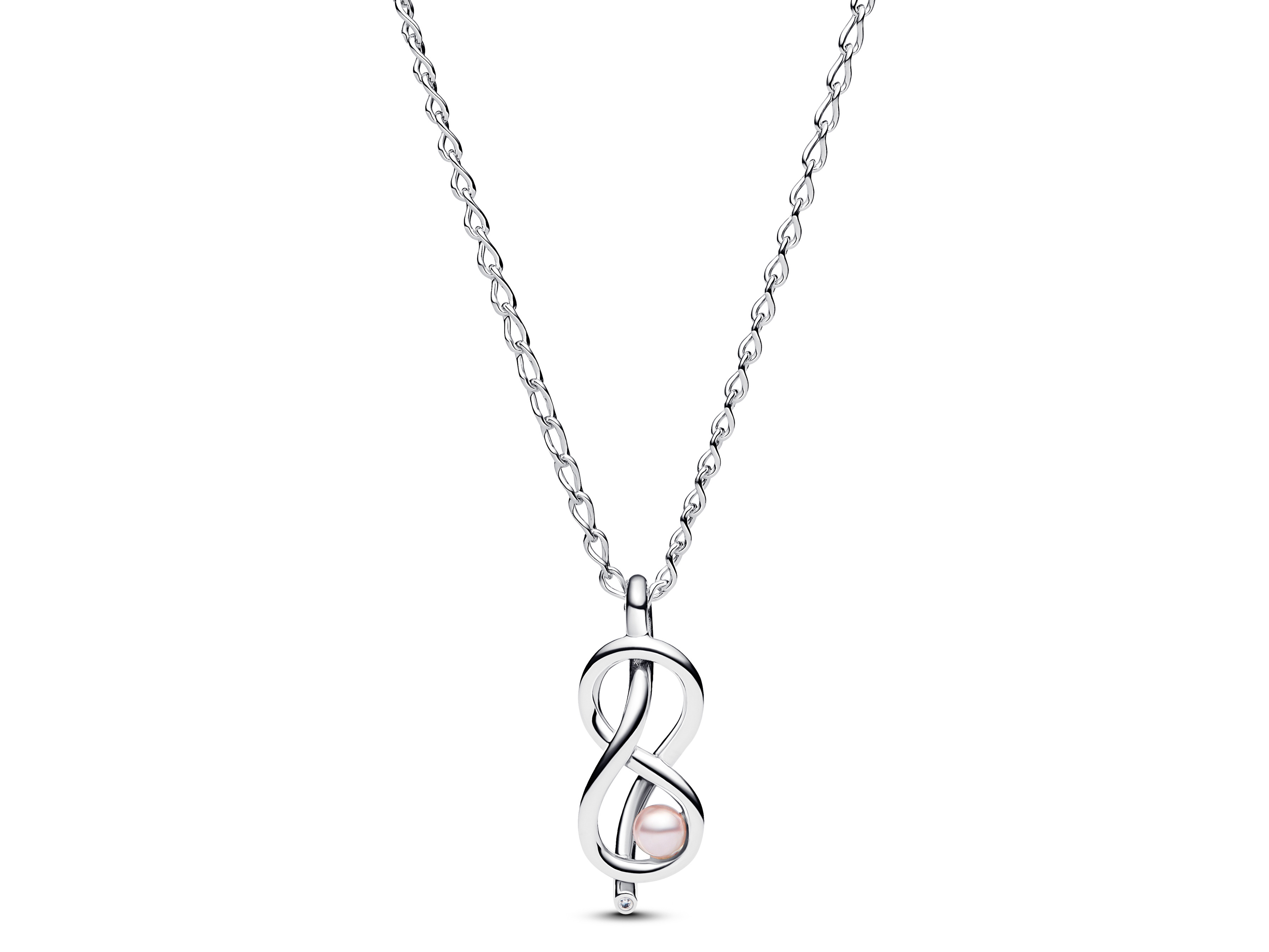 Elegante Pandora Kette aus Sterling Silber mit einem Anhänger in Form eines Unendlichkeitsknotens und einem pinken Steinmix, Länge 50 cm.