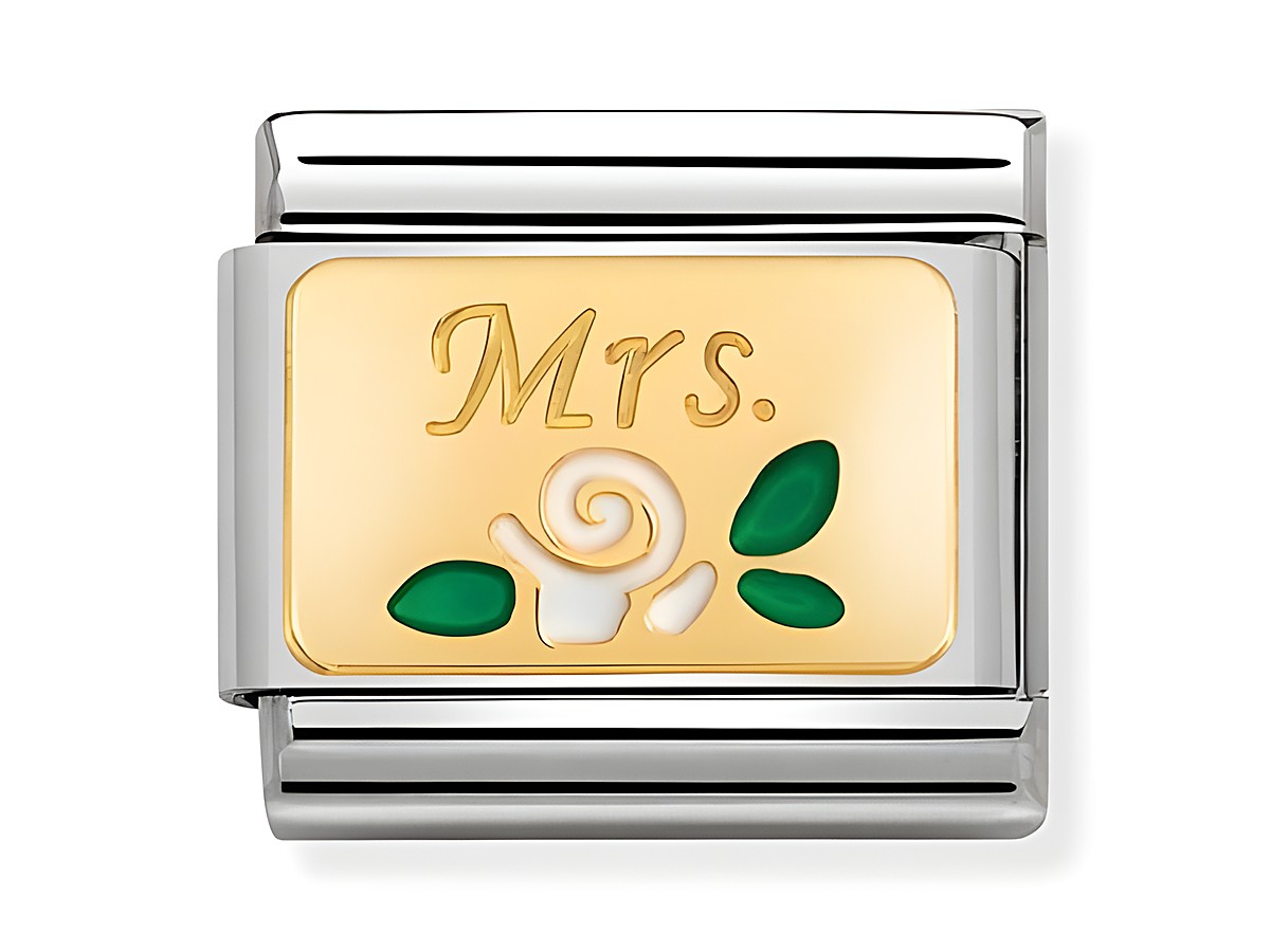 Plättchen von Nomination Composable Classic mit dem Schriftzug Mrs in Gold, dekoriert mit einem weißen Schneckenmotiv und grünen Blättern auf beigem Hintergrund, eingefasst in Edelstahl.