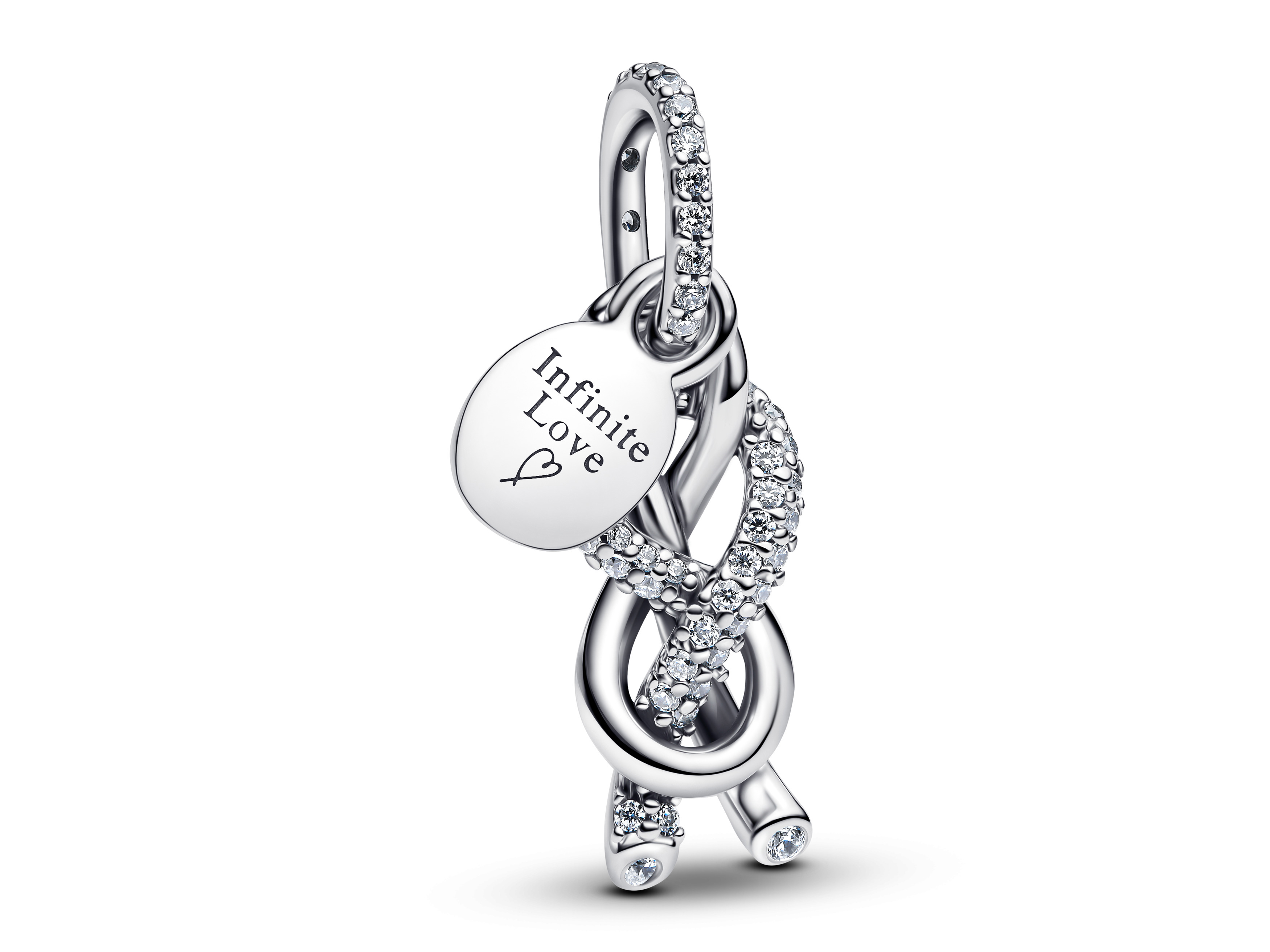 Pandora Charm mit Pavé-Unendlichkeit und Infinity-Knoten aus Sterling Silber, verziert mit Zirkonia, mit einer gravierten Plakette „Infinite Love“. Ideal für persönliche Schmuckkollektionen.