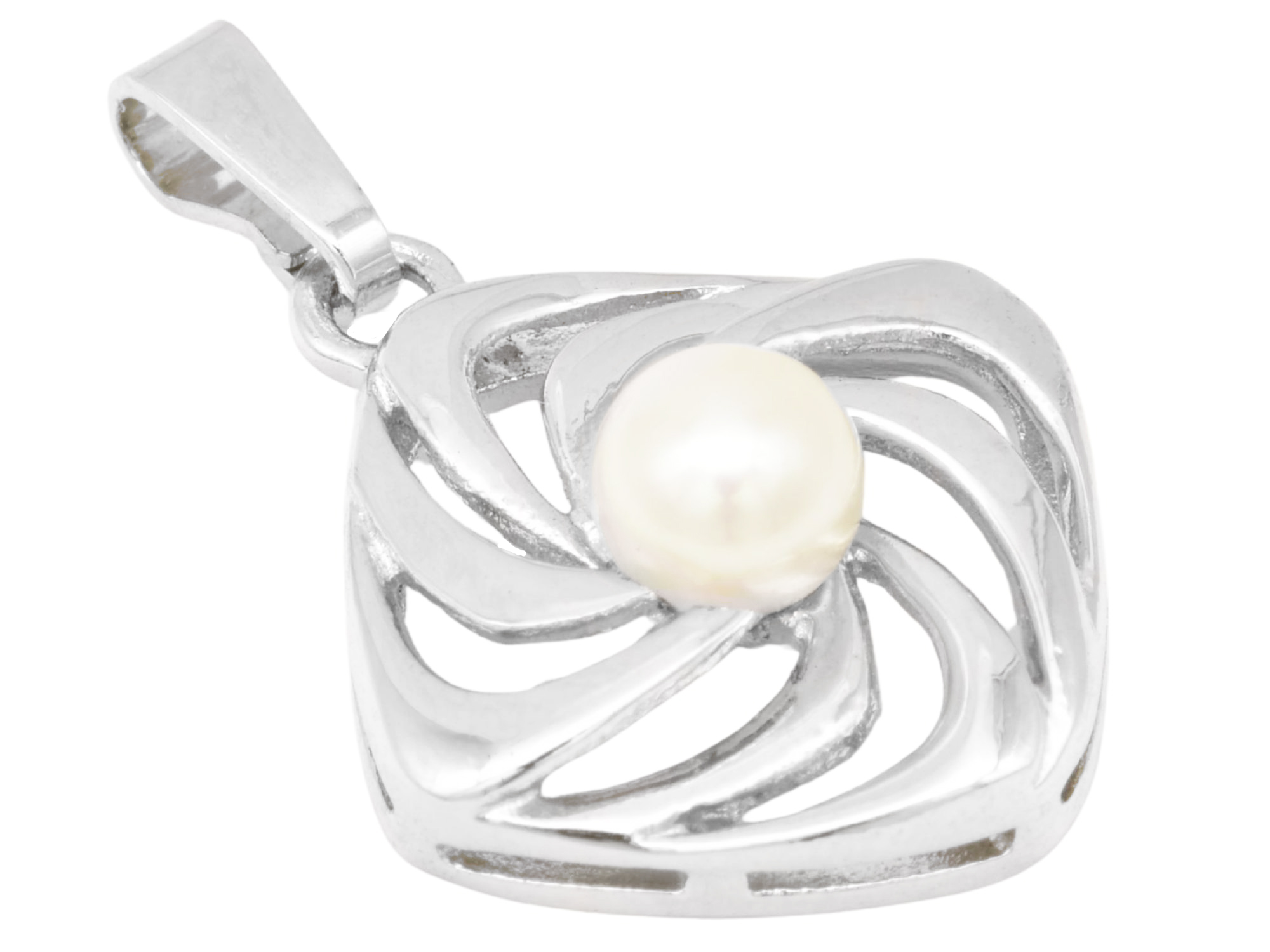 Anhänger Rautenwirbel DESIGN - Silber poliert rhodiniert - Zuchtperle Weiß 4-4,5 mm