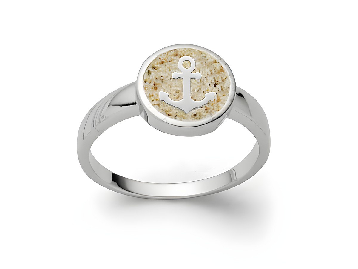 Sterling Silber Ring von DUR mit der Modellbezeichnung R5714.58, zeigt einen runden Kopf mit Strandsand und Ankerdesign, Größe 58. Ideal für maritime Liebhaber.