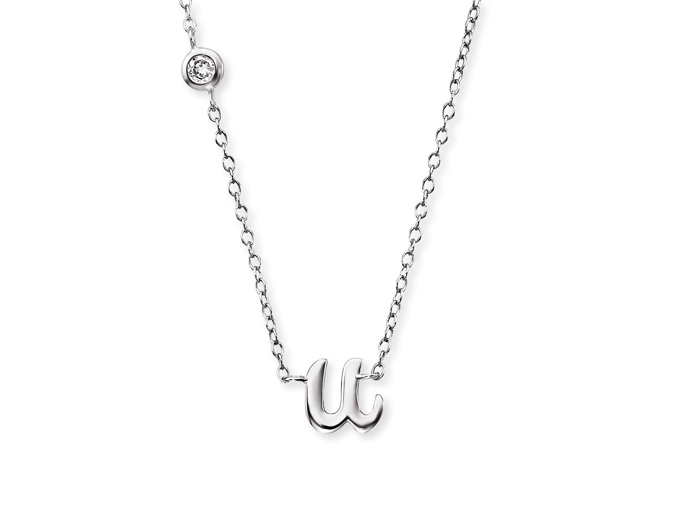 Silberne rhodinierte Kette von Engelsrufer mit Anhänger in Form des Buchstabens U, verziert mit einem Zirkonia, Länge 40 cm.