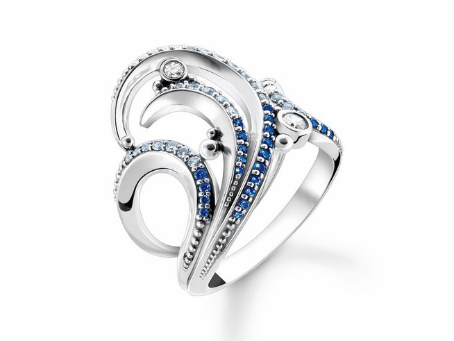 Thomas Sabo Ring aus Sterling Silber mit geschwungenem Design, besetzt mit synthetischem Spinell und Zirkonia, Größe 54. Elegantes Schmuckstück mit funkelnden blauen und klaren Steinen.