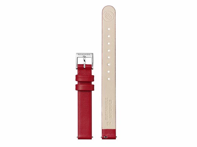 Lederarmband FGM.3112.30Q.K von Mondaine in rot aus veganem Traubenleder, 12 mm breit, mit silberner Schnalle, zeigt die Vorder- und Rückseite des Armbands.