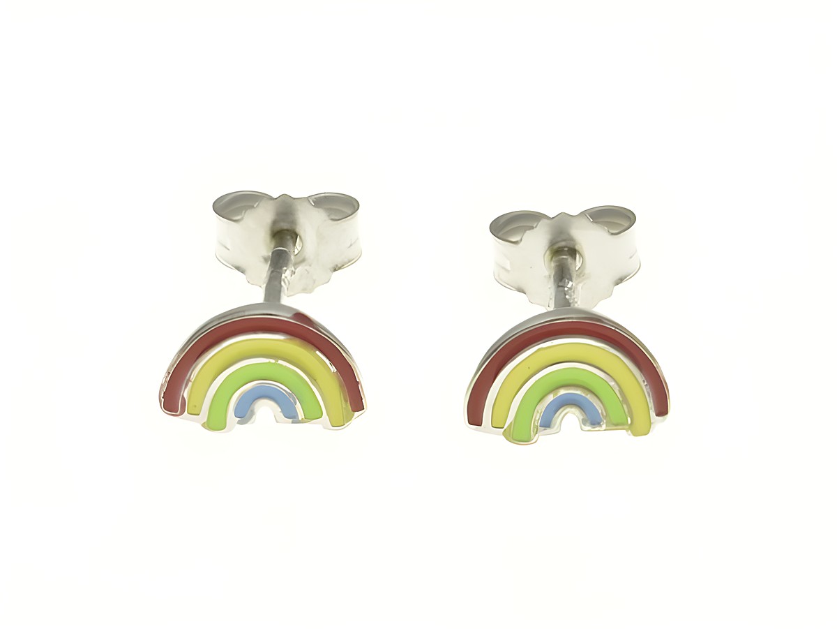 Regenbogen Ohrstecker aus rhodiniertem Sterling Silber mit buntem Lack, geeignet für Kinder, hergestellt von Juwelier Harnisch.