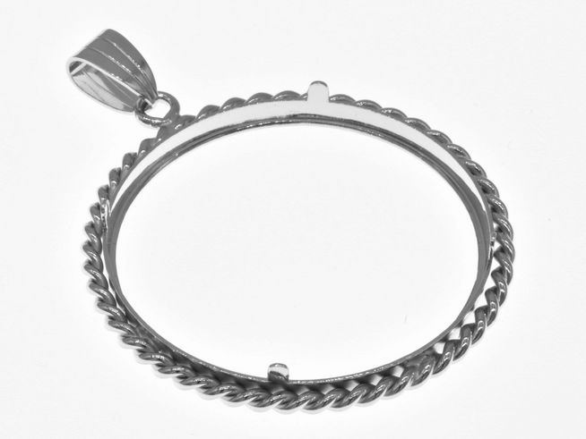 Rhodinierter Münzfassung Anhänger aus 925 Sterling Silber mit Kordel-Design für Münzen bis 34 mm Durchmesser, Hersteller Juwelier Harnisch, geeignet für Münzen bis 3,5 cm.